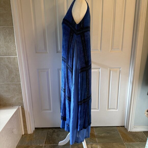 Chico's 90s Sleeveless Maxi Dress Artsy Boho Lagenlook Pockets Blue One Size - Picture 5 of 16